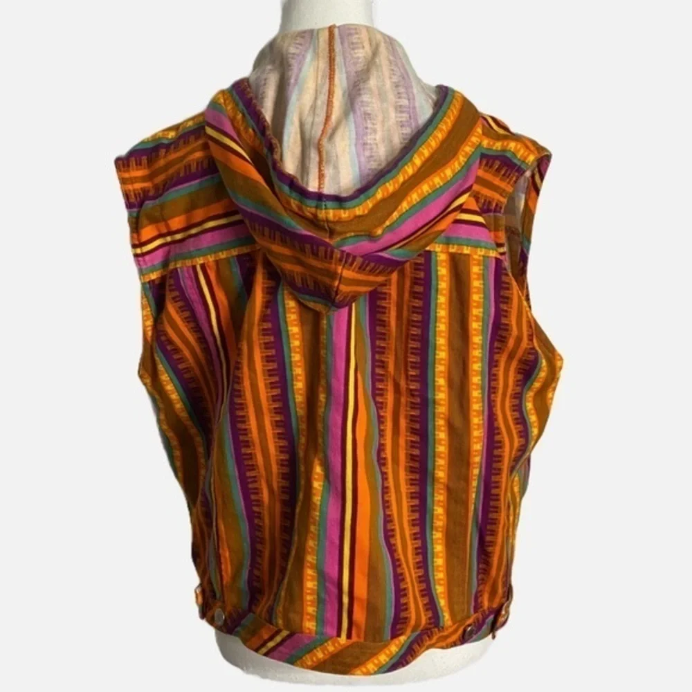 Live‎ in Color 1990’s Multicolored Stripe Aztec Sleeveless Jean Jacket w/ Hoodie